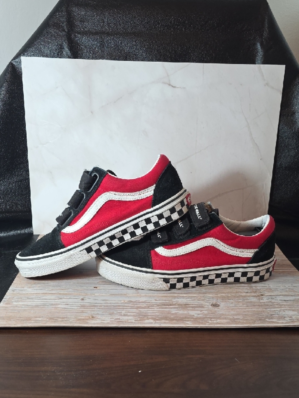 Vans Kids 6.5 Old Skool Velcro Sneakers - Red, Black & White - Picture 3 of 11